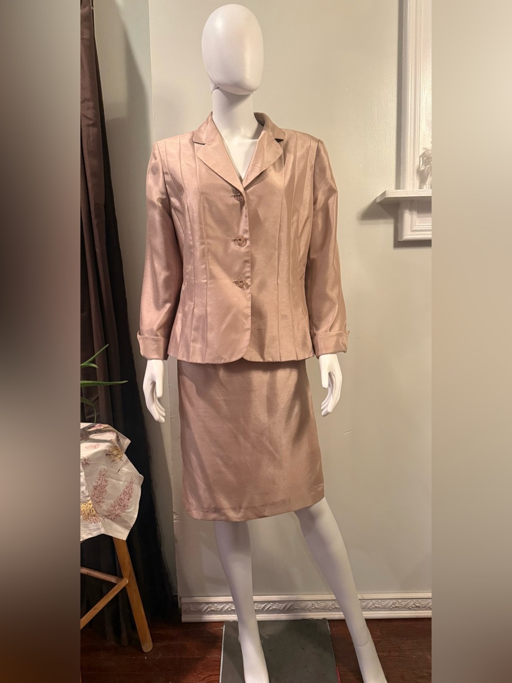 Le Suit Blush Pink Satin Two-Piece Skirt Suit